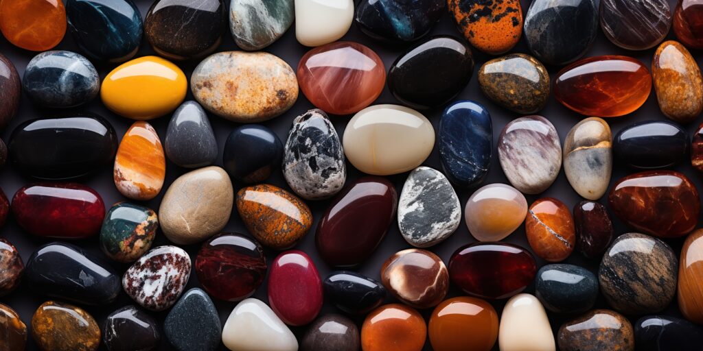 polished stones in earthy tones glisten with reflected light
